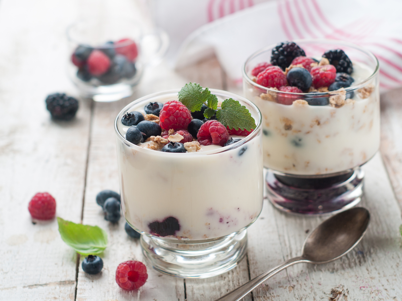 Yogurt with granola or muesli and fresh  berries for healthy morning meal, selective focus